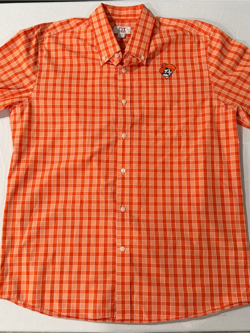 Cutter & Buck Men's Orange Plaid Button-Down Shirt with Embroidered Patch